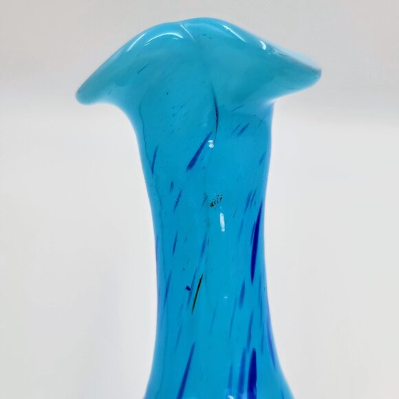 Vintage Blown Art Glass Bud Vase Blue Confetti Splatter Black Pedestal Bottom - Picture 7 of 12